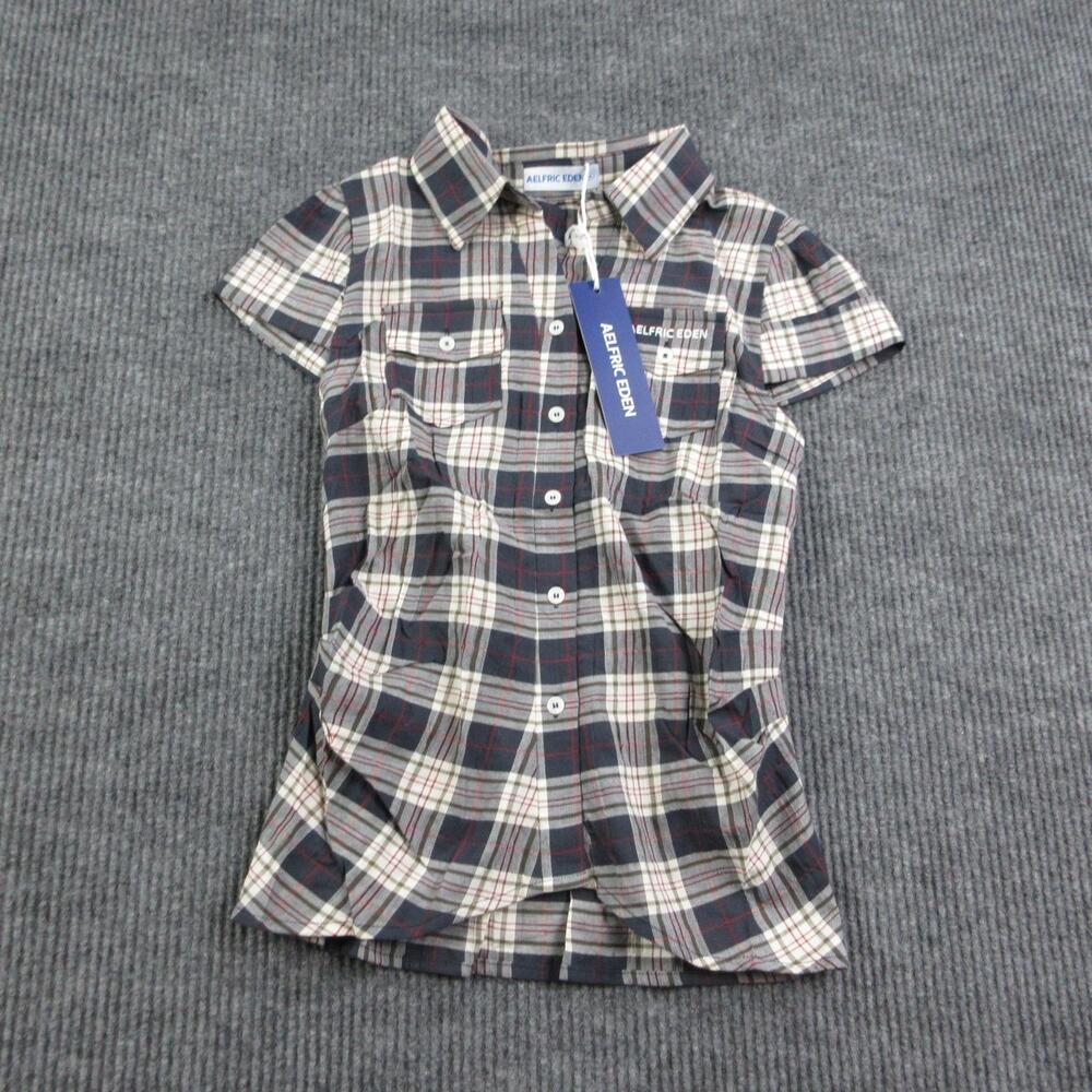 AELFRIC EDEN Shirt Womens S Blue Plaid Short Sleeve Dual Flap Pockets NWT